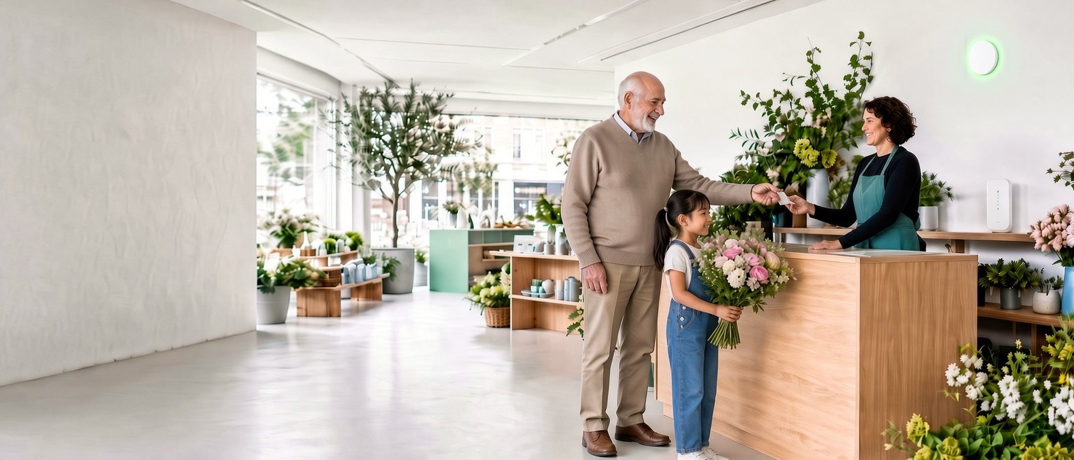 Klant rekent af in een bloemenwinkel, met een access point van ImmerOnline aan de muur