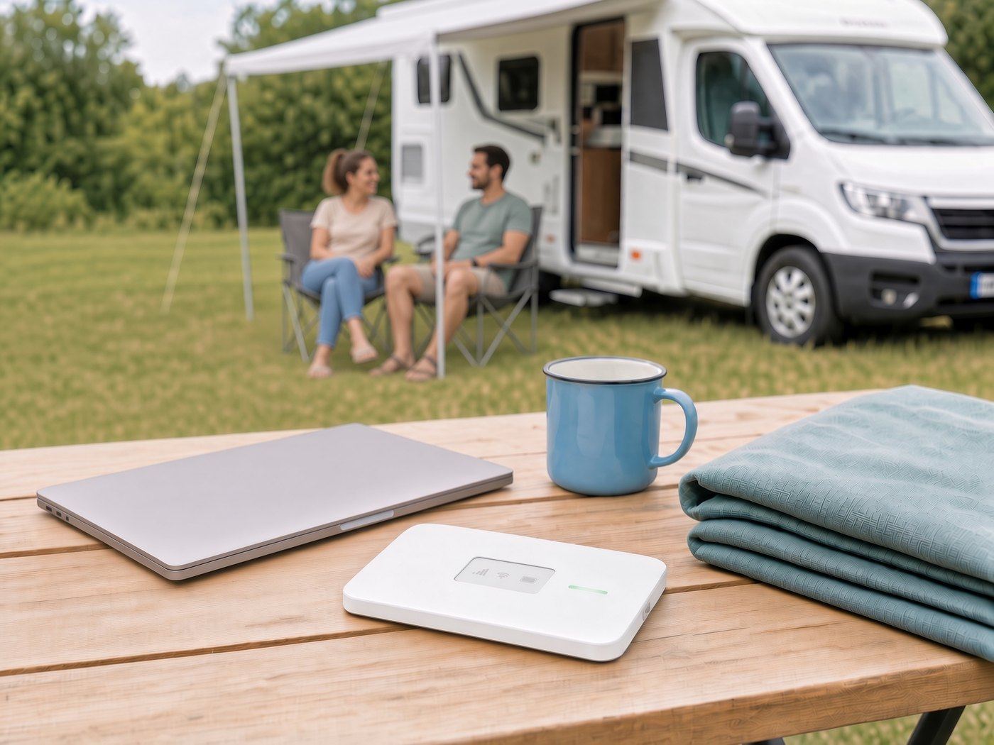 MiFi-router op een campingtafel bij een camper