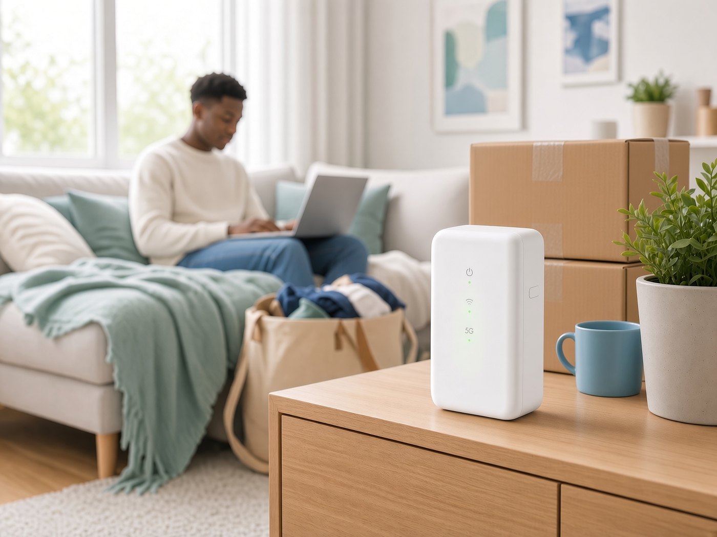 5G-modem op een tafel in een woonkamer met verhuisdozen