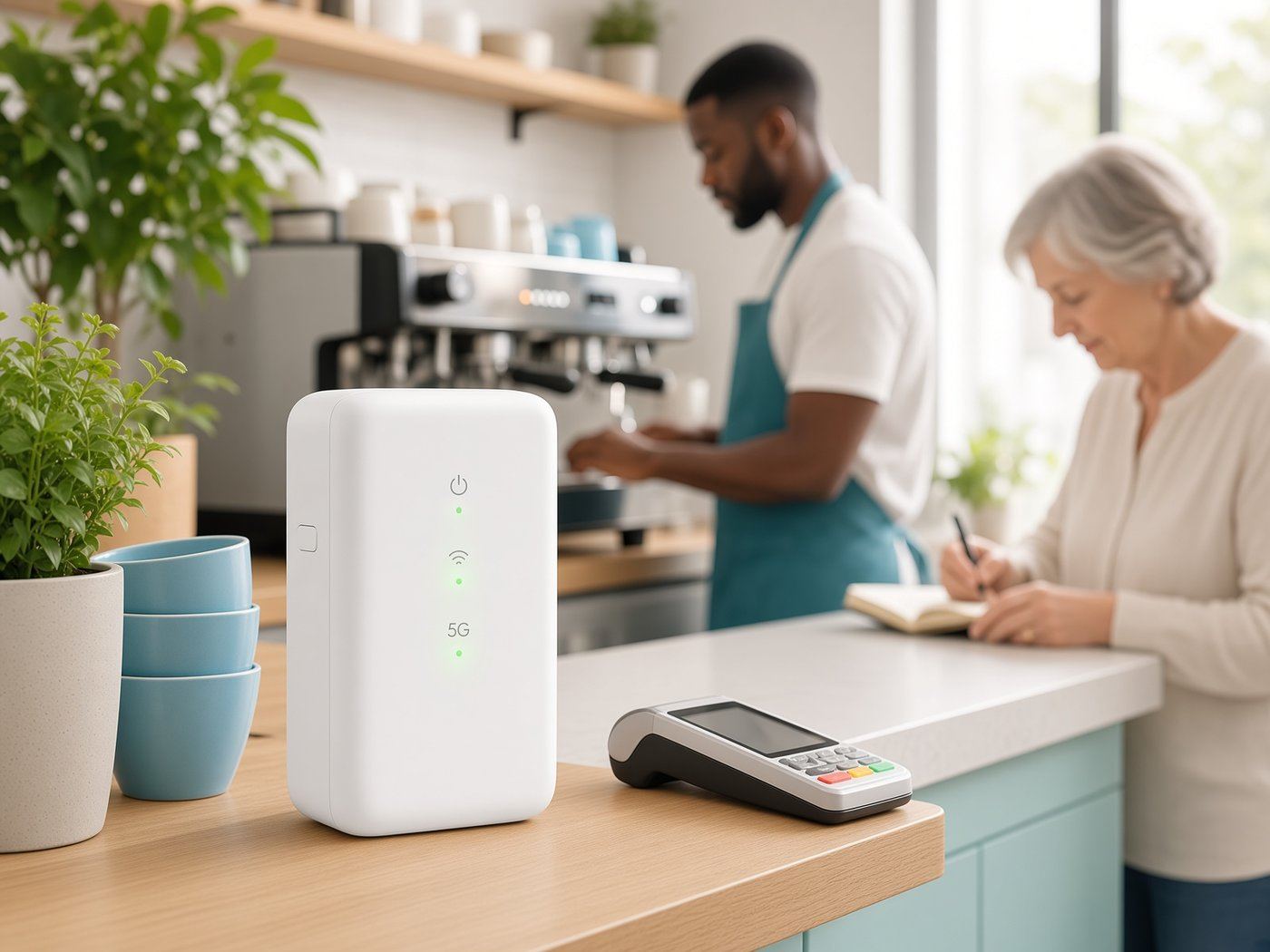 5G-modem op een balie in een bedrijfsruimte