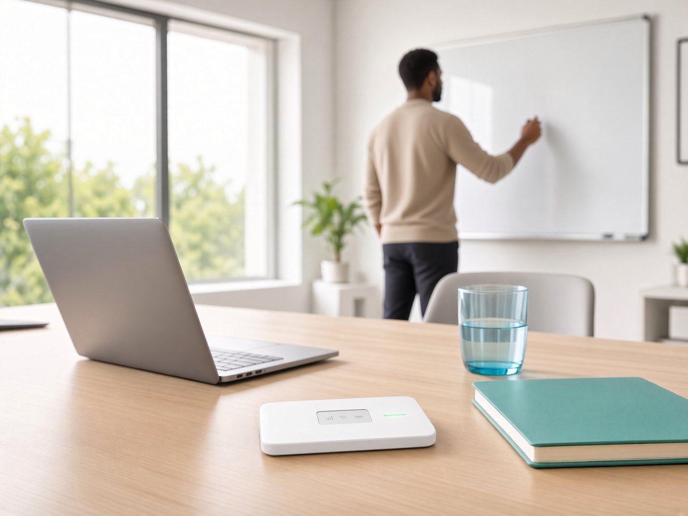 MiFi-router naast een laptop op een werkplek onderweg