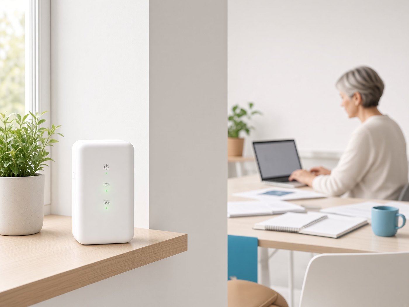 5G-modem op een bureau in een tijdelijke werkruimte
